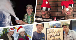 Chip and Bernie from I Spot Santa standing together in a comedic pose — iconic duo from family-friendly comedy writer and director Pasquale Murena.