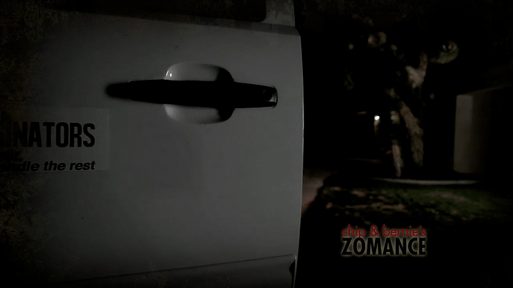 Scene from Chip and Bernie’s Zomance where Chip tosses Bernie, covered in fire extinguisher powder, into a truck — written and directed by family-friendly comedy creator Pasquale Murena.